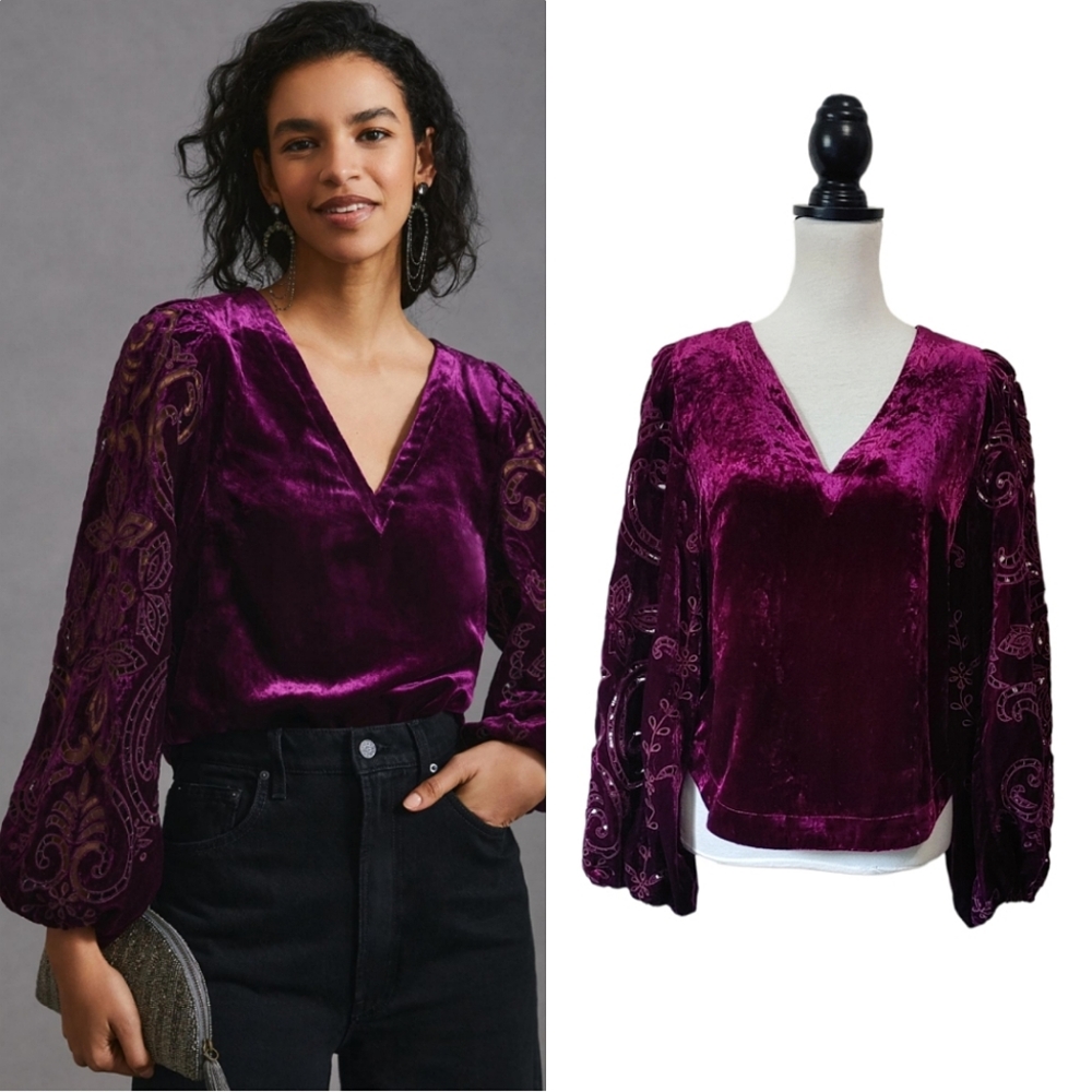 Anthropologie Velvet Cutwork Top